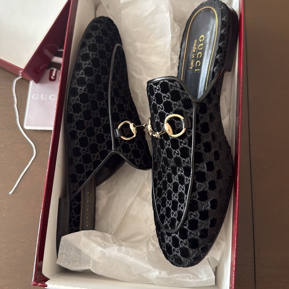 Gucci Black Velvet Slip-On Mules with Gold Horsebit - Picture 6 of 6